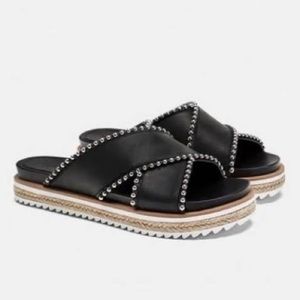 Zara Woman Silver Studded Chunky Criss Cross Espadrille Slide Open Toe Sandals